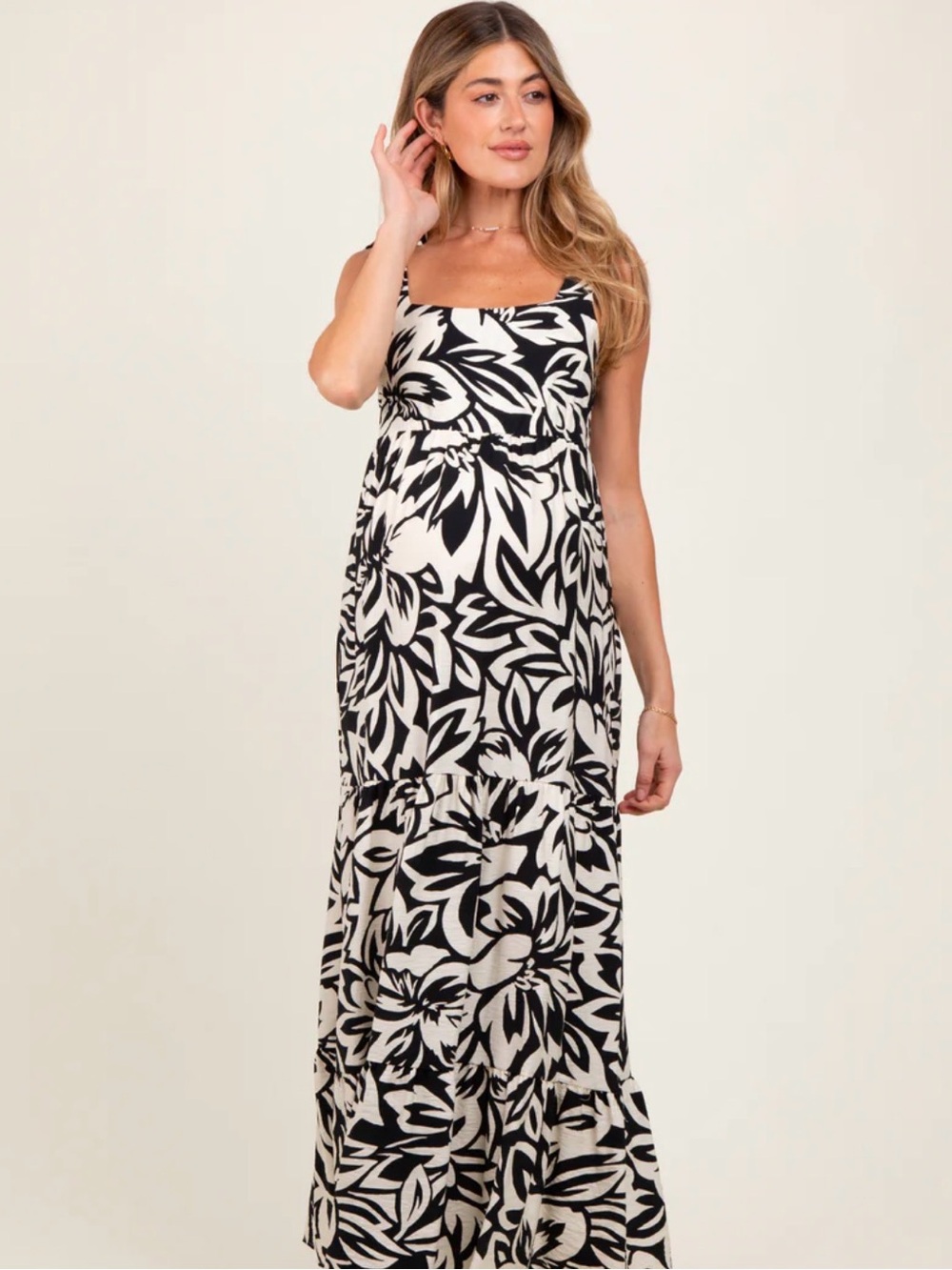 7th Ray Black and White Floral Square-Neck Maxi Dress